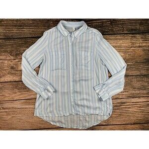 BP Women's M Long Sleeve Striped Button Front Shirt Blue White Lightweight